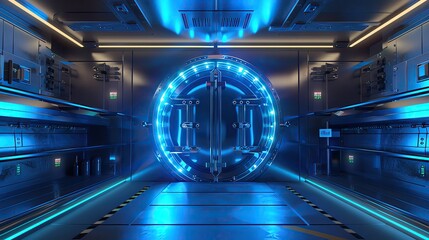 Blockchain security vault, cool blue lights, steel doors, wide interior shot - obrazy, fototapety, plakaty
