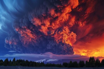 A volcanic eruption spewing lava and ash, a fiery display against a darkening sky - obrazy, fototapety, plakaty
