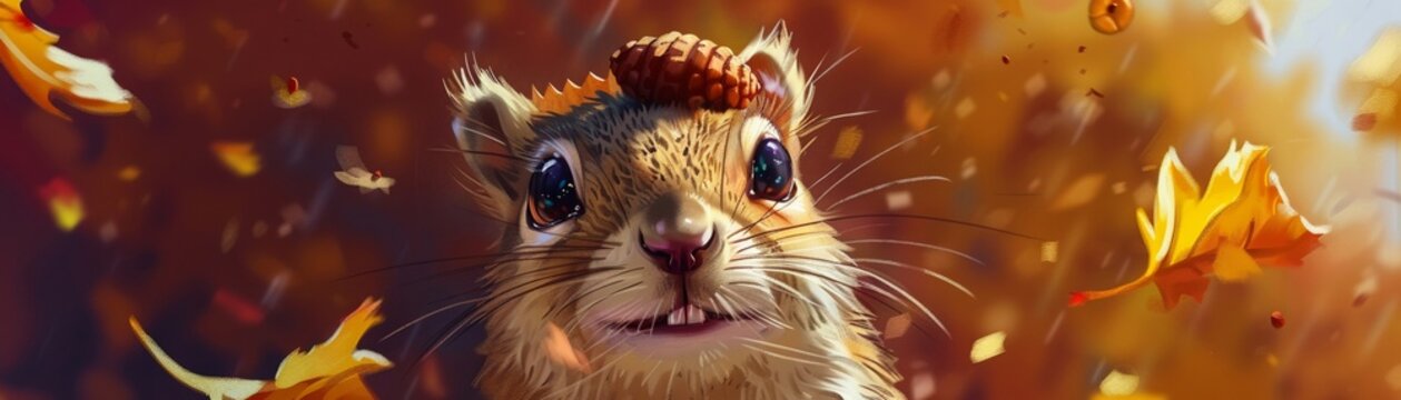 A charming squirrel with a tiny acorn cap crown, painted in lively, detailed watercolors, showcasing playfulness and whimsy
