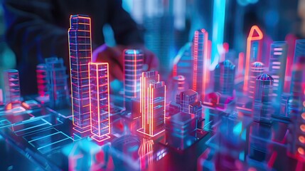 Close up, realistic, portrait of an architect projecting Future Cities, their models glowing with neon lights to demonstrate energy efficient urban planning