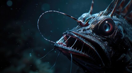 Deep ocean anglerfish encounter, eerie glow, pitch black, close focus