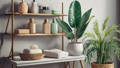 Generated image of bathroom shelves with soap and shampoo - obrazy, fototapety, plakaty