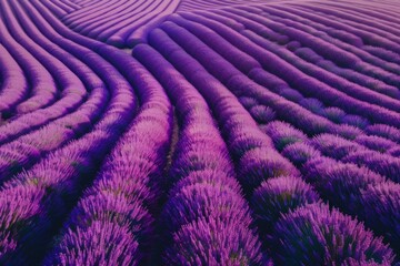 Aerial view of a lavender field in full bloom, rows of vibrant purple stretching across the landscape