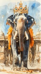 A dignified elephant carrying a heavy, ornate crown, captured in bold watercolor strokes, symbolizing strength and wisdom