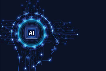 Electronic human brain and Concept of artificial intelligence. Graphic of a digital brain and Human head outline made from circuit board, connecting on dark blue background