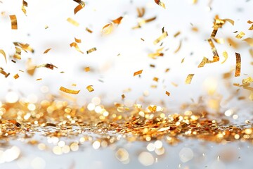 Golden Confetti Flying Against a White Background, Ideal for Celebrations and Holidays