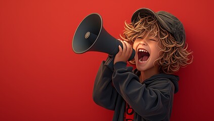 Cute boy with megaphone screaming on red background, child wearing cap and sweatshirt shouting to everyone while holding the speaker - obrazy, fototapety, plakaty