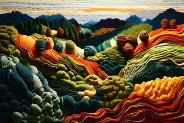 Knitted artwork capturing a forest landscape - obrazy, fototapety, plakaty
