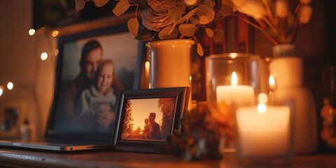 Close-up of a laptop next to a family photo in a frame, warm tones, cozy vibes - obrazy, fototapety, plakaty