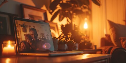Close-up of a laptop next to a family photo in a frame, warm tones, cozy vibes  - obrazy, fototapety, plakaty
