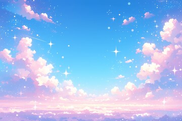 Cute pink pastel cartoon sky with clouds and stars 