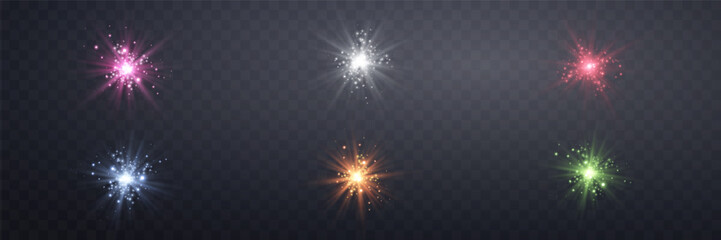 Glowing magic sparkles. Glittering dots, particles and stars. Glow flare light effect. Luminous points different colors. Vector particles on transparent background. - obrazy, fototapety, plakaty