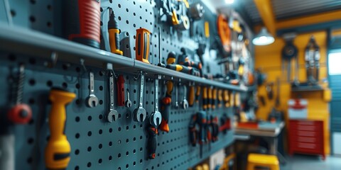 Close-up of a pegboard with hanging tools, organized chaos, sharp focus - obrazy, fototapety, plakaty
