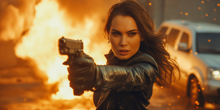 Action Frau mit Waffe und Flammen beim Filmen am Set, ai generativ