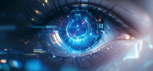 Digital art of closeup shot of woman's eye with glowing digital code on it, creating an immersive and futuristic visual experience.  - obrazy, fototapety, plakaty