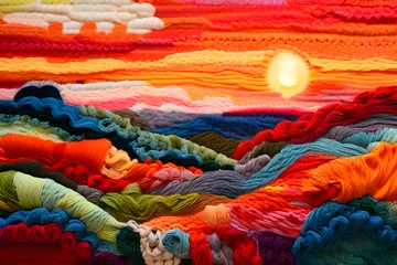 Rolgordijnen Knitted artwork capturing a forest landscape © koonnapat