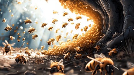 A scene where bees create golden honey, symbolizing profitable agriculture and commodity trading in a whimsical beehive