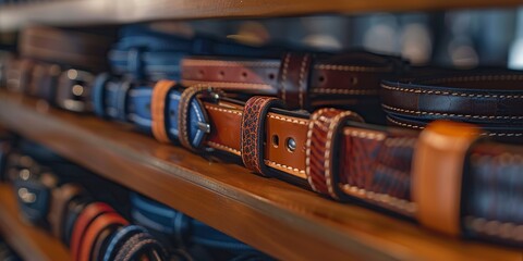Close-up of a belt rack, leather and fabric belts aligned, crisp detail 