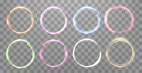 Glowing magic rings set. Neon realistic energy flare rings with sparkling particles. Abstract light effect on a dark transparent background. Vector illustration.