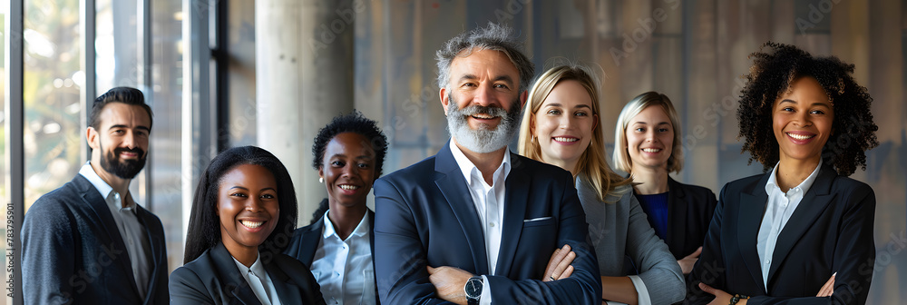 Sticker a diverse and smiling business team led by a confident chief stands together indoors.