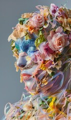 Close up portrait of a woman with flowers on head and ribbons in hair, artistic and colorful spring beauty concept