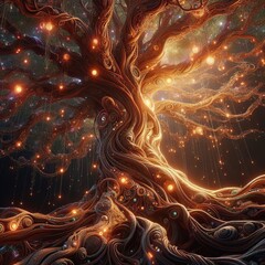 Obraz premium Mystical Tree with Sprawling Roots: A Girl Swings Under Starlit Sky at Magical Sunse