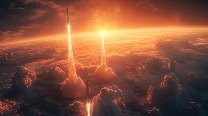 The fiery launches of intercontinental ballistic missiles piercing through the atmosphere from Earth's surface, against the backdrop of a glowing sunset or sunrise. 