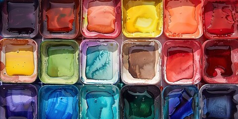 Close-up of watercolor pans, neatly arranged, rainbow order, natural light  - obrazy, fototapety, plakaty