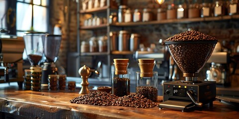 Coffee station with beans and accessories, barista setup, close-up, warm tones  - obrazy, fototapety, plakaty