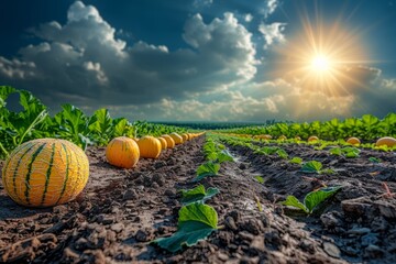 Bright yellow melons growing in sunlit field - stunning photography of ripe fruit