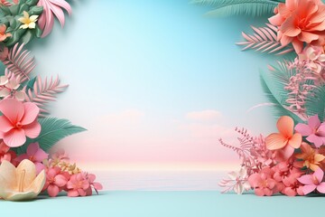A blue 3d backdrop with a pink and green flowers and leaves
