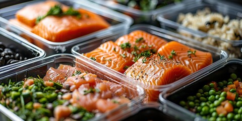 Protein portions in meal prep boxes, organized by day, crisp focus 