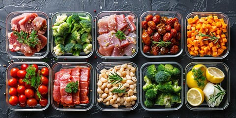 Protein portions in meal prep boxes, organized by day, crisp focus 