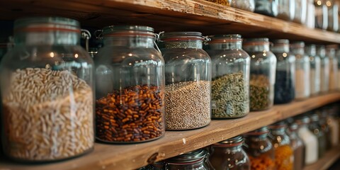 Bulk grains in glass jars on kitchen shelves, uniform, soft light, close-up