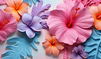 Colorful 3d tropical flowers, 3d illustration
