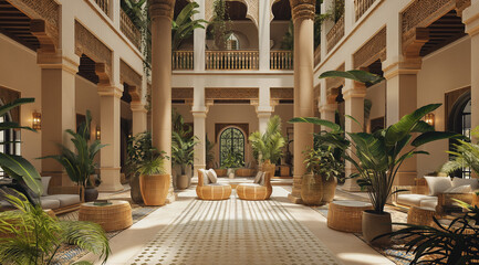 Luxurious Moroccan Style Courtyard with Arched Architecture - obrazy, fototapety, plakaty