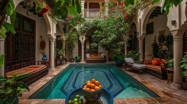 Traditional Moroccan Courtyard Oasis with Decorative Pool