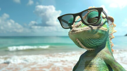 Chameleon with sunglasses at tropical beach
