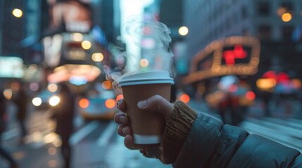 Person hand holding a steaming cup of coffee