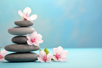 Fototapeta na wymiar Zen stones with cherry blossoms on turquoise background