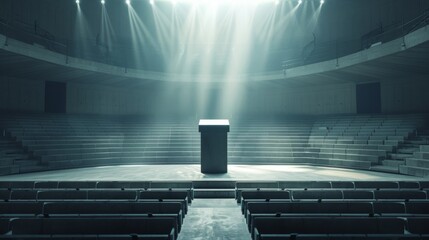 Podium positioned at the center of a vast stadium, illuminated by flashes of light amidst rows of...