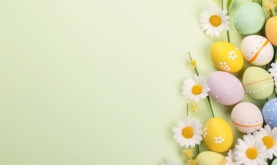 Fototapeta na wymiar Easter eggs and daisies on pastel green background. copy space