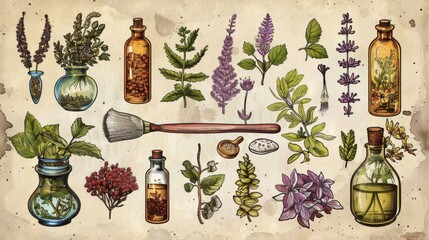 Fototapeta na wymiar Vintage botanical illustration style top-view of a spa collection: detailed drawings of herbs, apothecary bottles, and a sense of scientific wonder