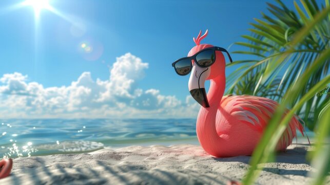 Relaxing flamingo with sunglasses on sunny beach