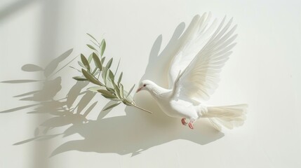 White dove gracefully sitting on an olive tree branch against a pristine white background