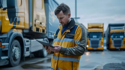 Tuinposter Logistics manager in action using a tablet to monitor and coordinate the movement of a fleet of trucks © AlfaSmart