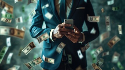 A businessman in a suit holding an phone with money flying around him - obrazy, fototapety, plakaty