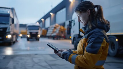 Specialist using a tablet to control and optimize the routes of a fleet of trucks - obrazy, fototapety, plakaty
