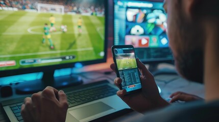 male hands with smartphone. Man watching soccer play online broadcast on his laptop, cheering for favourite team, making bets using mobile application. - obrazy, fototapety, plakaty