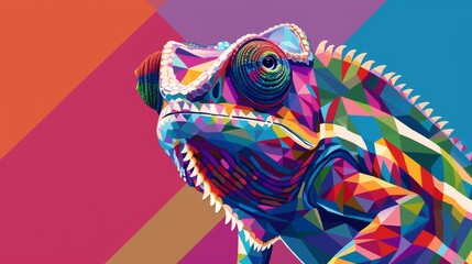 Vibrant digital artwork of a chameleon with a geometric pattern against a multicolored background